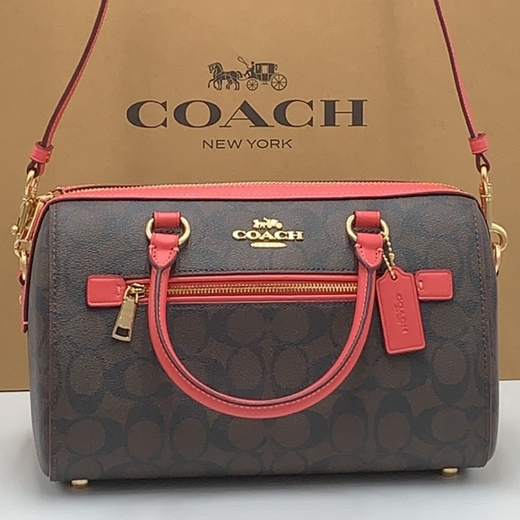 COACH NWT Coach Rowan Satchel In Signature Canvas Brown Watermelon Color - Picture 7 of 16